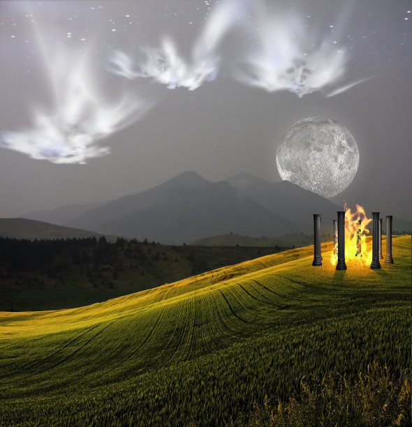 幽灵般的面孔盘旋在梦幻般的风景之上图片下载