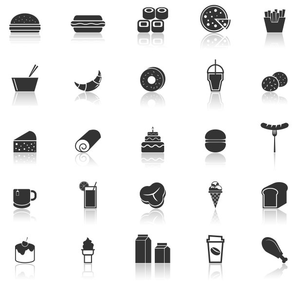 流行的食物图标与反映在白色的背景图片下载