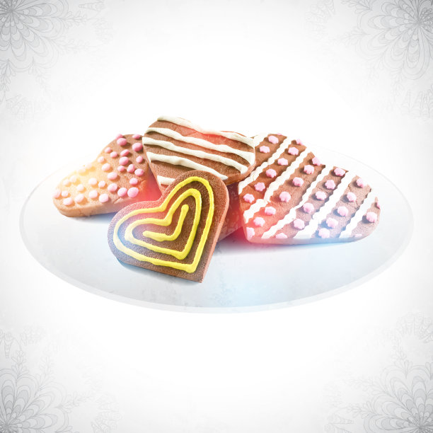 心形的情人节巧克力饼干收集在盘子上，姜饼用粉色糖奶油和樱桃或草莓糖浆，糖霜和气泡糖，橡皮泥制成，建模和聚合物粘土，食物造型，孤立的矢量图片下载