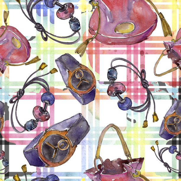 手表，手链和虫子素描时尚魅力插图在水彩风格孤立。无缝的背景图案。图片下载