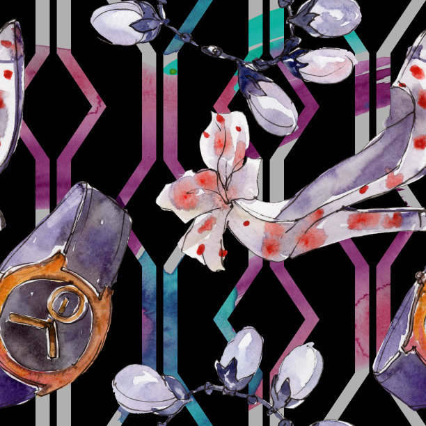 手表，手链和虫子素描时尚魅力插图在水彩风格孤立。无缝的背景图案。图片下载