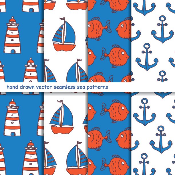 一套幼稚的手绘无缝海图案图片下载