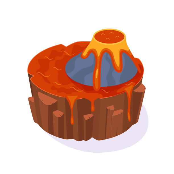 等距3D岛屿游戏，景观山与火山和熔岩。图片下载