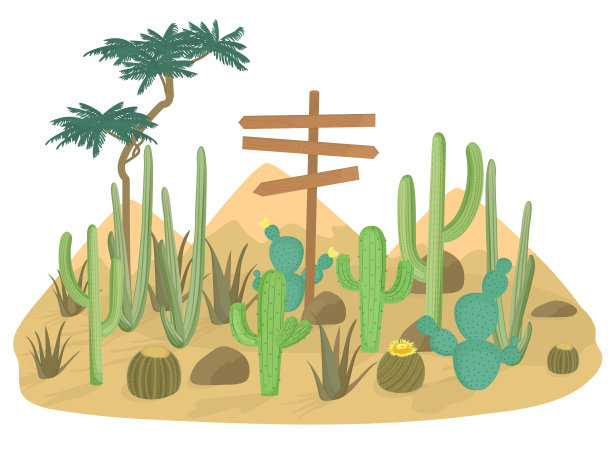 沙漠景观背景与仙人掌和山脉。木制的路标图片下载
