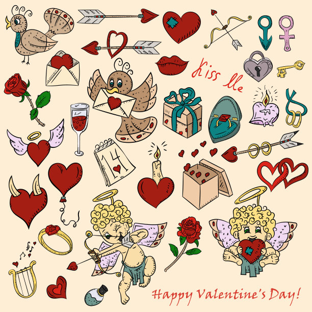 彩色轮廓插图在风格的儿童涂鸦在情人节，为设计和装饰的明信片横幅，印刷和网络，背景和包装一大批图标图片下载
