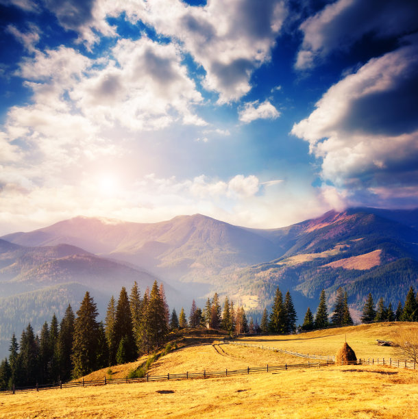 奇妙的雾天和阳光下明亮的小山。早上引人注目的风景。喀尔巴阡、乌克兰、欧洲。图片下载