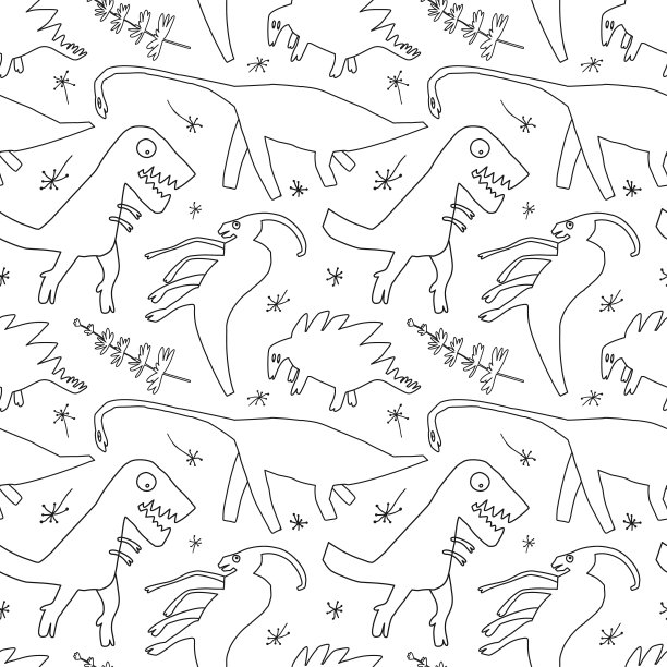 手绘恐龙和残存植物。有趣的涂鸦卡通恐龙无缝图案图片下载