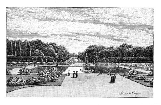 维多利亚时期的法国枫丹白露宫黑白版画横跨观赏性池塘和花园;1892年英语了图片下载