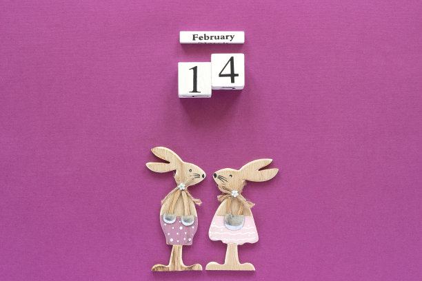 紫色背景上的木方日历2月14日和一对木制恋人小兔子雕像。概念的情人节卡片。平铺图片下载