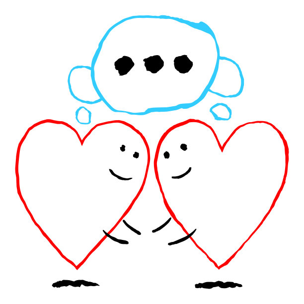 两颗孤独的红心相遇了。有趣的贺卡节日盛宴的圣瓦伦丁节。素描是用毛笔和墨水画的。图片下载