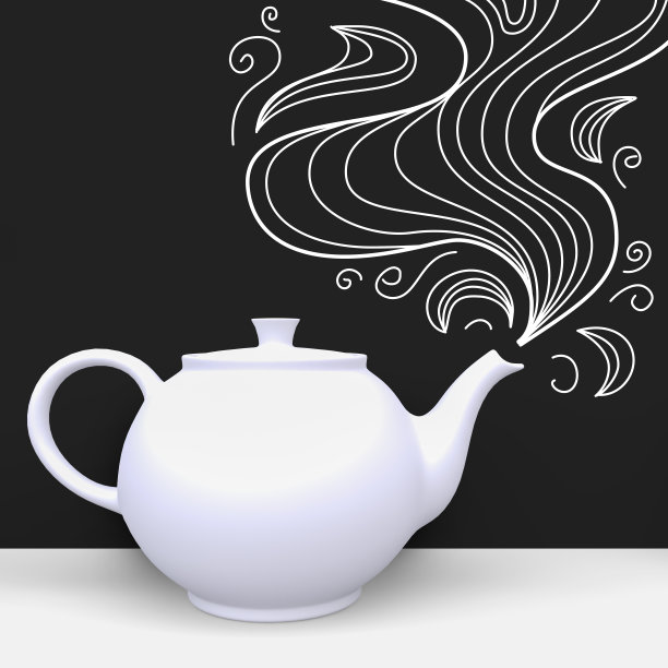 房间角落的白色茶壶，手绘涂鸦，壶嘴冒出蒸汽。前视图。3 d渲染。图片下载