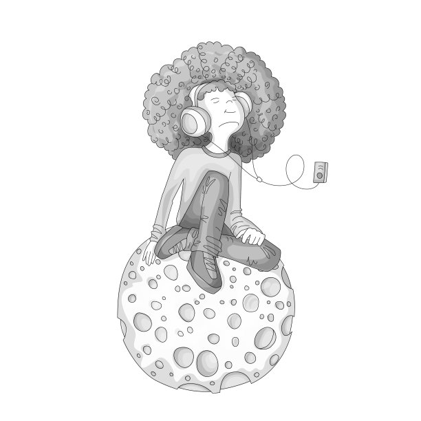 无色向量插图的年轻红发女孩与耳机，坐在卡通月亮和听音乐。年轻的音乐女孩，叛逆女孩插图。年轻的少女图片下载