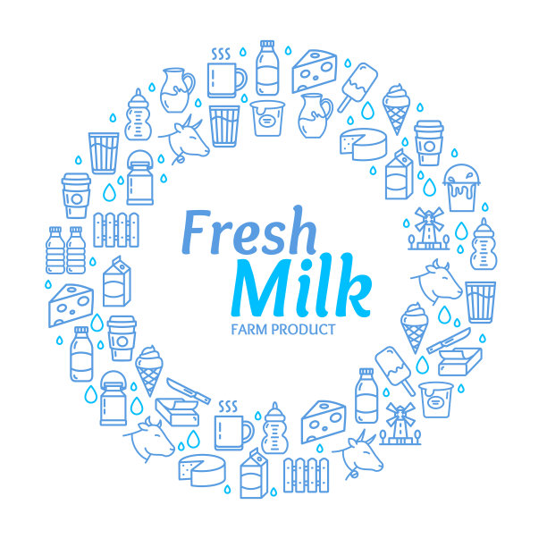 鲜奶乳制品标志圆设计模板细线图标概念。向量图片下载