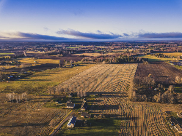 无人机在美丽的秋天的颜色包围草地的照片-复古看起来编辑图片下载