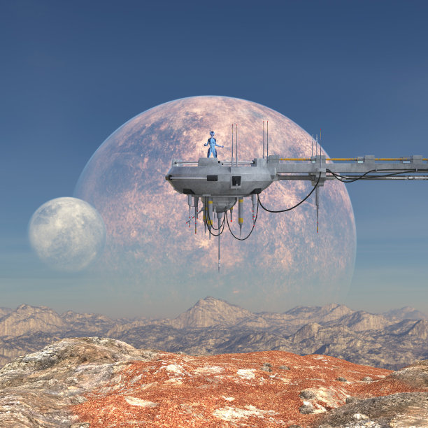 一个外星人站在一个外星世界的平台上的插图图片下载