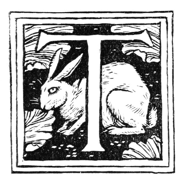 维多利亚时代的黑白版画，用大写字母T描绘兔子和兔子的叶子;1892年英语了图片下载