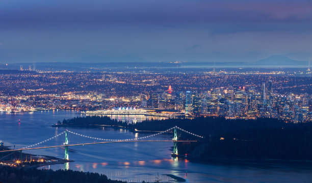 蓝色时刻的加拿大温哥华航拍图片下载