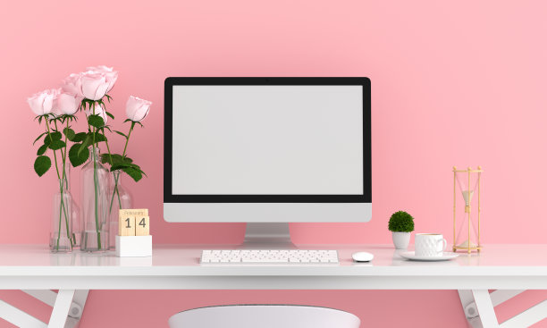 电脑显示模型在粉红色的房间，情人节概念，3D渲染图片下载