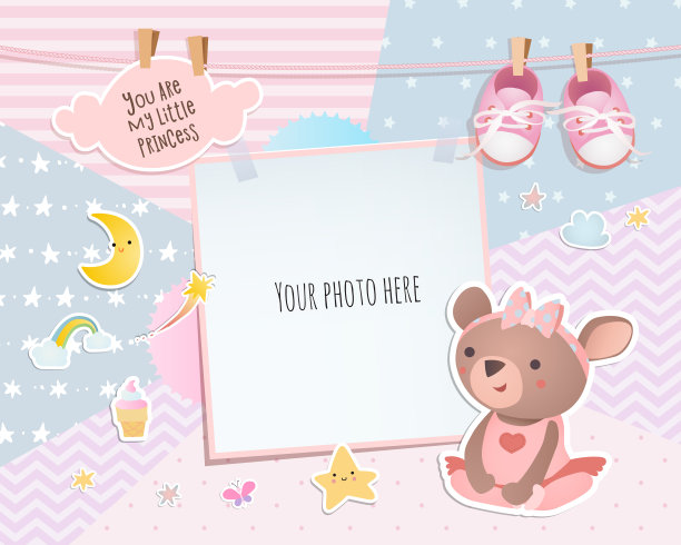 女婴淋浴卡。泰迪熊。入住卡，有拍照的地方。图片下载