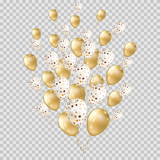 现实气球组与金丝带，孤立的背景。图片下载