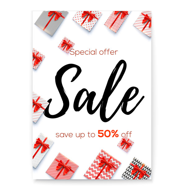 促销活动海报，打折活动海报。百分之五十的折扣。毛笔手写字母。礼品盒的俯视图，纸包有图案和红色蝴蝶结。旗帜矢量概念图片下载