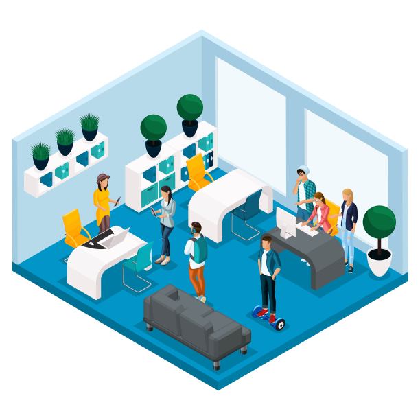 时髦的等距人和小工具，房间联合工作中心，创意工作和娱乐的房间，时尚的室内，笔记本电脑，工作自由职业者，艺术家，程序员图片下载