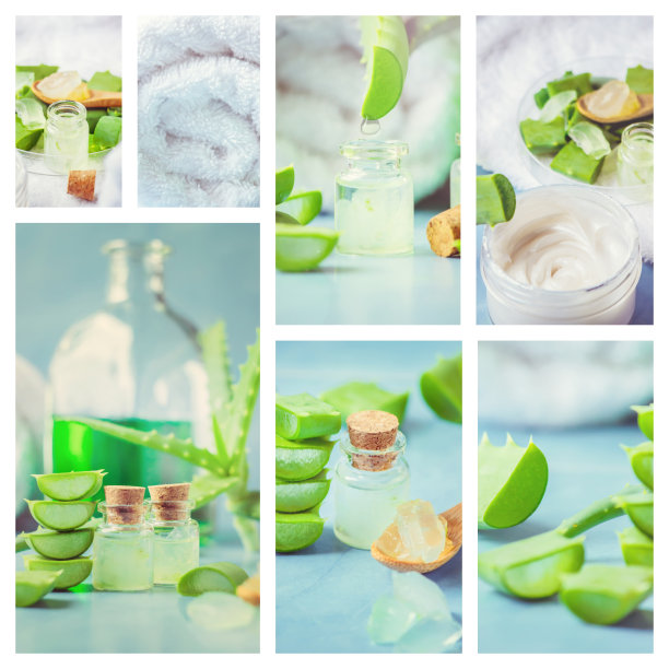 拼贴芦荟提取物在一个小瓶子和碎片在桌子上。图片下载