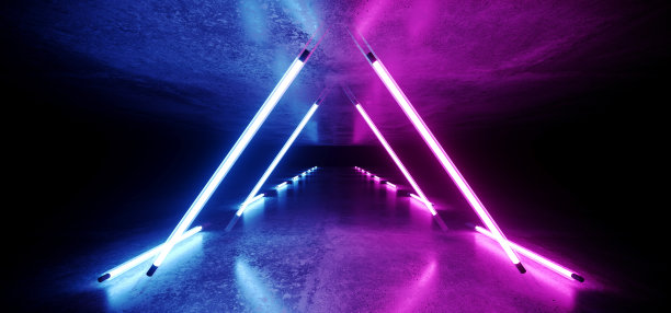 科幻现代未来霓虹发光三角形紫蓝色发光管灯与空空间反射混凝土地板天花板3D渲染图片下载