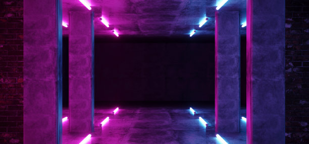 科幻现代霓虹发光背景激光紫粉蓝灯在垃圾混凝土砖墙房间空文本复古画廊舞台3D渲染图片下载