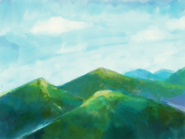 自然景观与绿色的山脉和天空背景插图。美景自然画图片下载