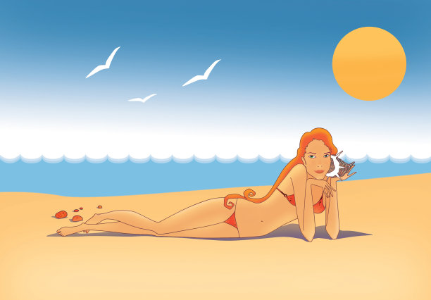 一个穿着比基尼的女孩蹲在海边图片下载