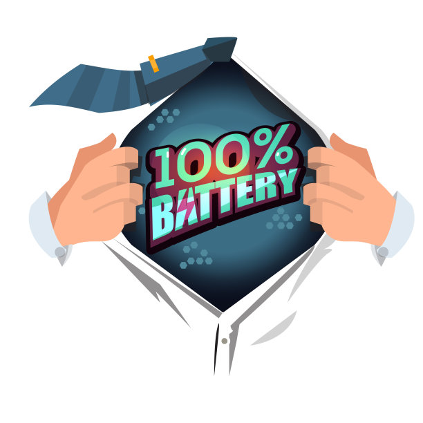 男人打开衬衫显示“100%的电池”在卡通风格-向量图片下载