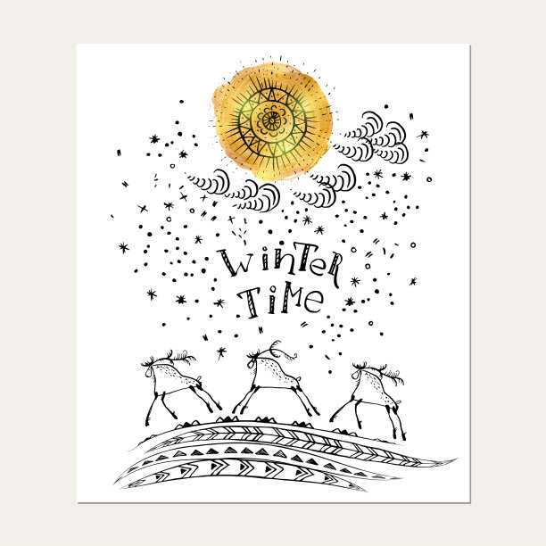 手绘圣诞卡与字母，雪花，观赏太阳，金箔纹理，云，奔跑的鹿在白色的背景。图片下载