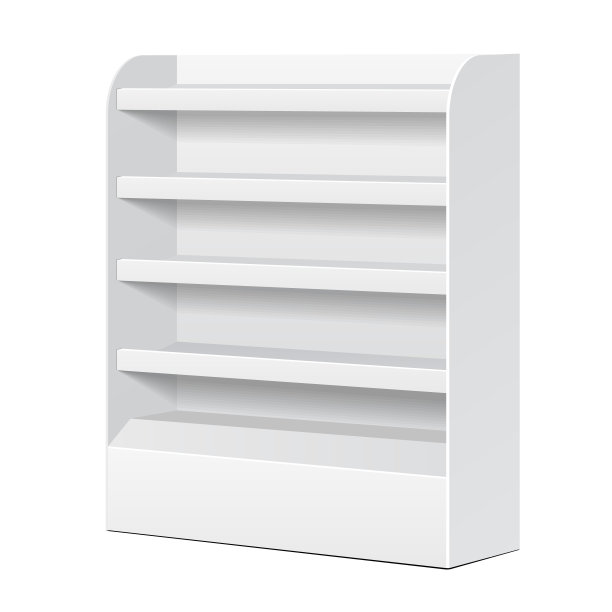 白色POS POI纸板空白空显示与货架上的产品在白色背景孤立。为你的设计做好准备。产品包装。向量EPS10图片下载
