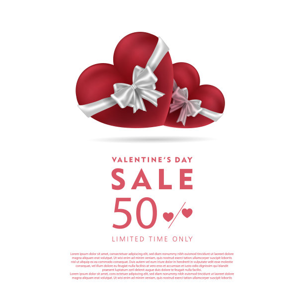 情人节特价，横幅模板。3d红心和白色丝带，情人心销售标签。商场海报设计。素材图片