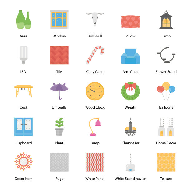 家庭设计和装饰平面图标包图片下载