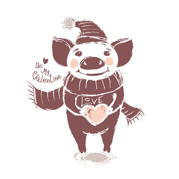 是我的情人。卡片上有一只戴着帽子和围巾的可爱小猪。图片下载