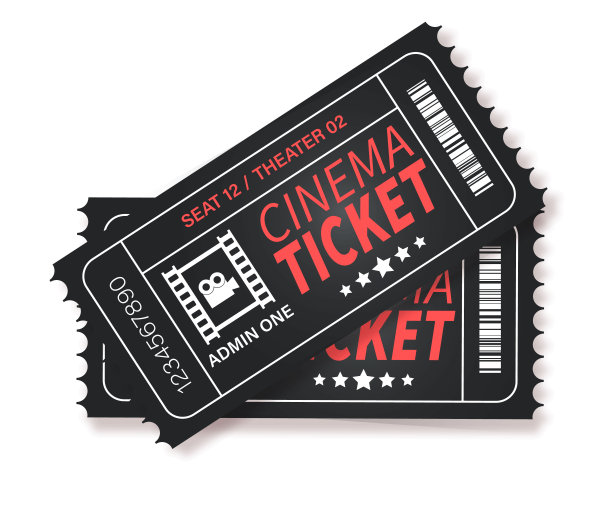 电影院的票。两张设计的电影票近距离观看。电影院，剧院，音乐会，戏剧，派对，事件，节日黑色和黄金票现实的模板设置图片下载