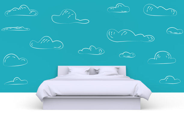 白色现代的床在房间与手绘墙上画卡通云朵。前视图。3 d渲染。图片下载