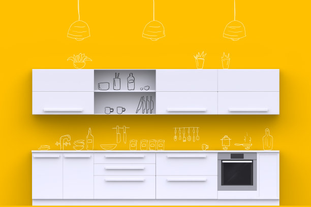 白色现代厨房手绘画在墙上涂鸦厨房用具和厨房配件。前视图。3 d渲染。图片下载