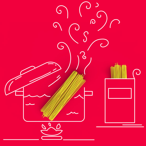 桌上的意大利面，火上手绘的彩绘锅，还有包装。创意说明。正面或上方视图。3 d渲染。图片下载