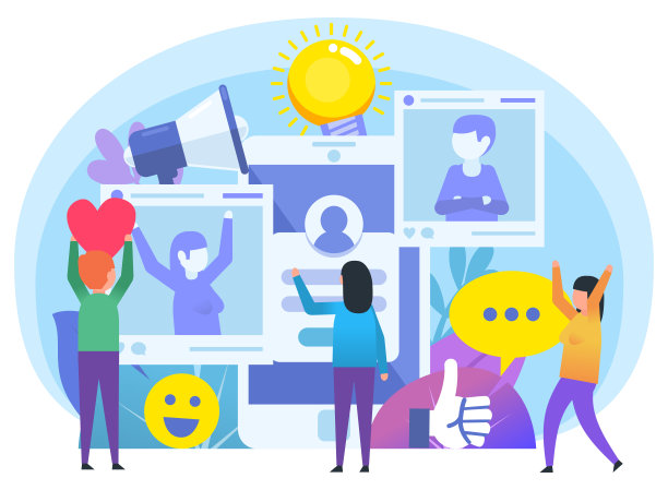 小人站在大的智能手机旁边，喜欢，评论照片。社交媒体海报，网页，横幅，展示图片下载