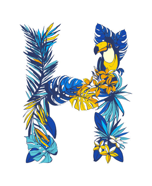 矢量插图热带花卉夏季字母H手绘图片下载