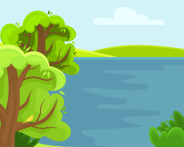 春日田园山水一湖。阳光明媚的夏天的一天。图片下载