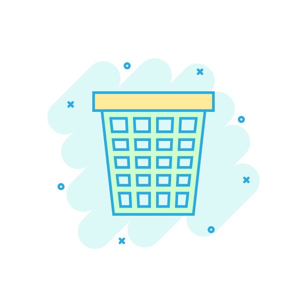 垃圾桶垃圾图标在漫画风格。垃圾桶矢量卡通插图象形图。垃圾篮商业概念的飞溅效应。图片下载