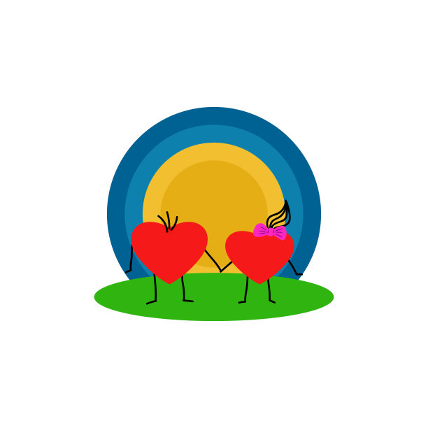 情人节快乐，孩子们在涂鸦风格的手绘插图贺卡模型，一个约会机构的标志，两颗卡通心在绿色草地上牵手，对着太阳和天空，图片下载