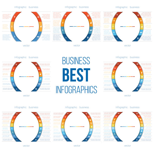 矢量模板信息图3,4,5,6,7,8,9,10位置。文本区域的彩色半圆形和白色条带。业务区域图图表数据。图片下载