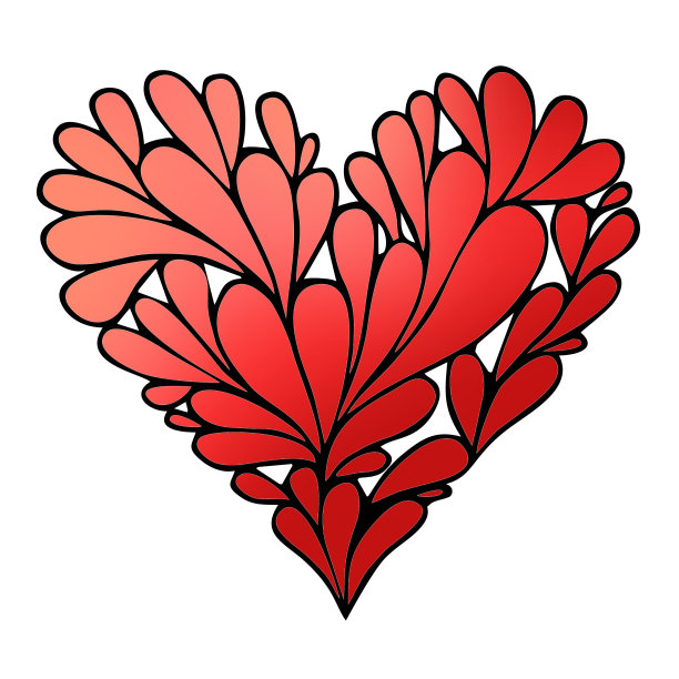 风格化花梯度粉红色心形图标与黑色轮廓。树叶和水滴形状设计元素的婚礼邀请和情人节。时髦的爱的迹象图片下载