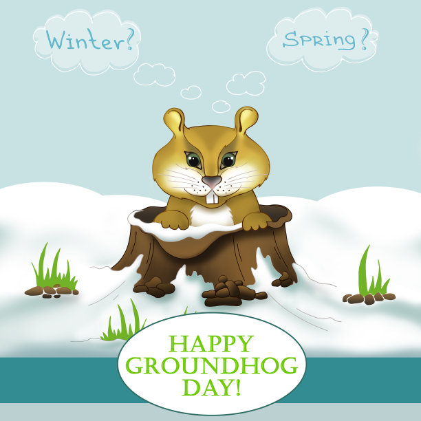 土拨鼠从地里出来迎接土拨鼠日。天气预报符号。象征着春天的到来。带阴影的雪景图片下载