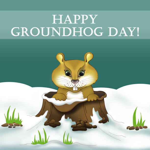 快乐的土拨鼠日贺卡设计与卡通欢快的土拨鼠和题词。可爱的土拨鼠从地洞里钻出来。下雪的场景。2月2日假期图片下载